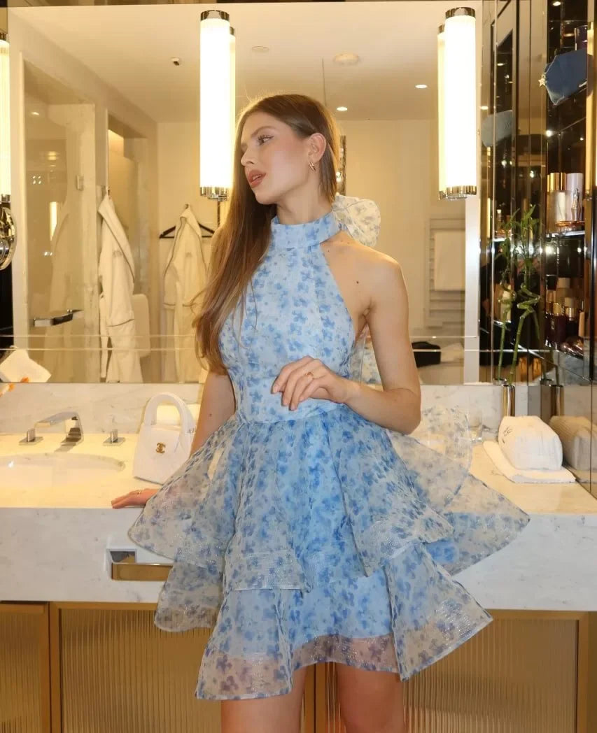 Blue Floral Halterneck Mini Dress