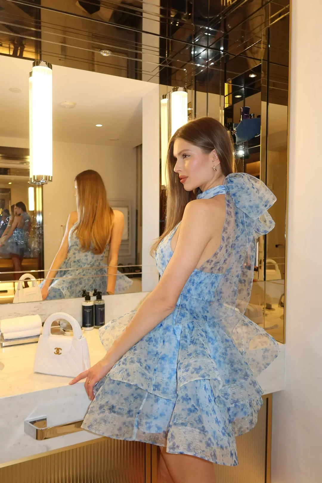 Blue Floral Halterneck Mini Dress