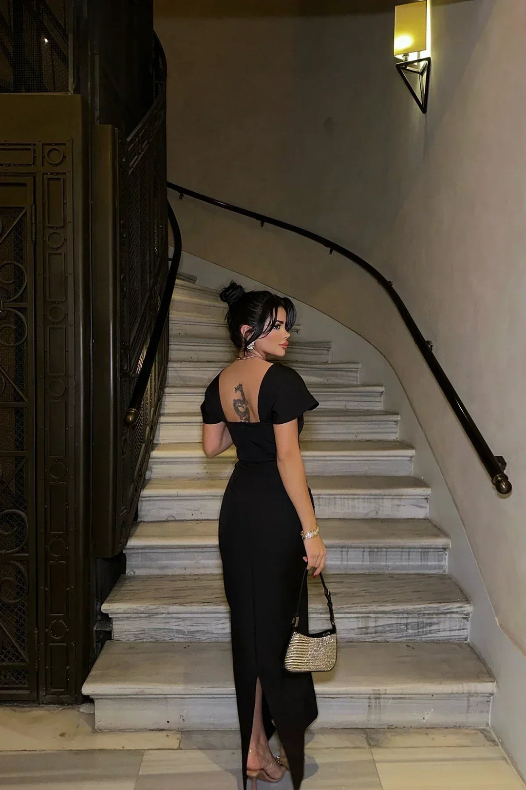 Draped Shoulder Maxi Dress Crystal Trim Evening Dress