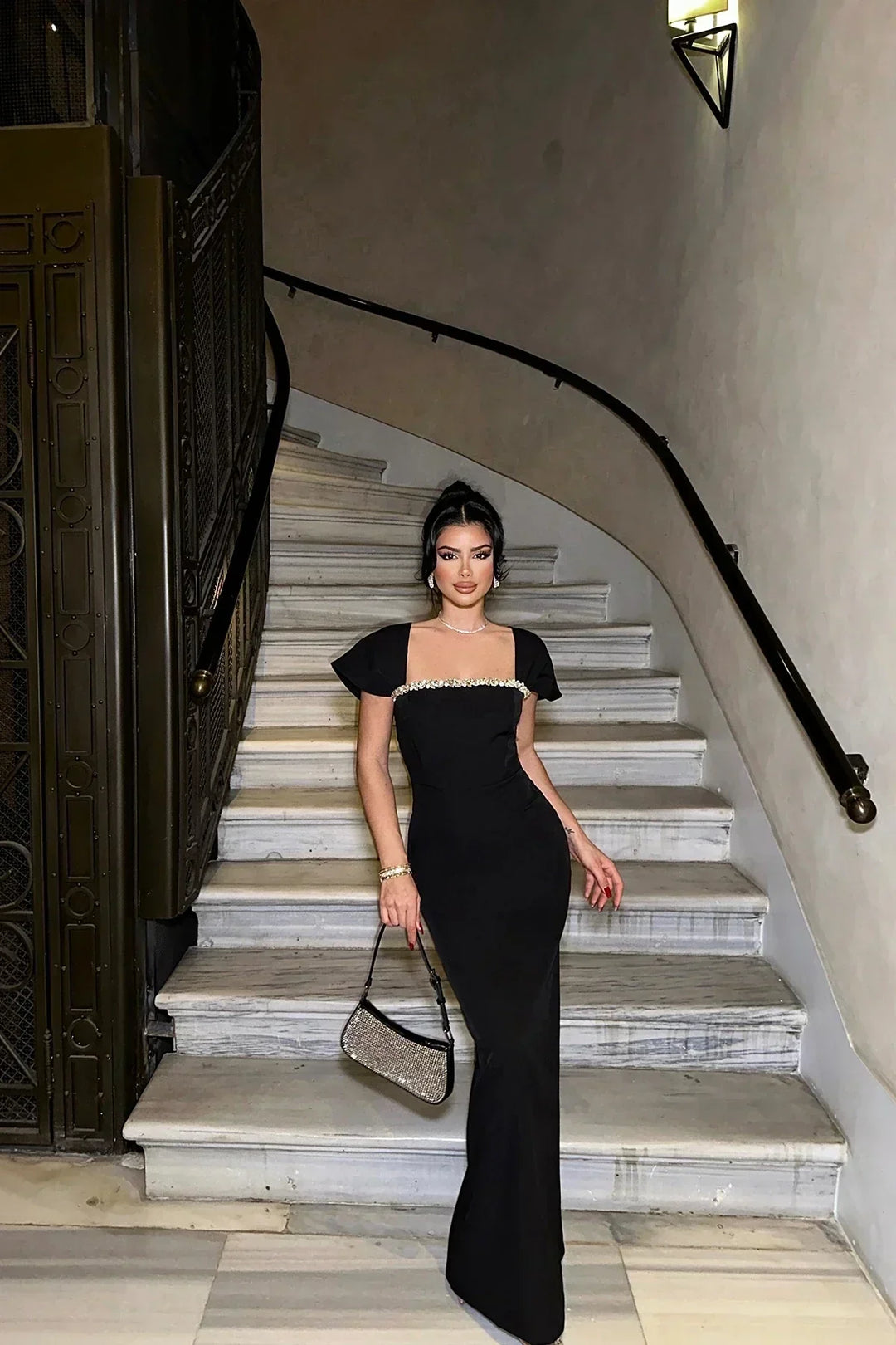 Draped Shoulder Maxi Dress Crystal Trim Evening Dress
