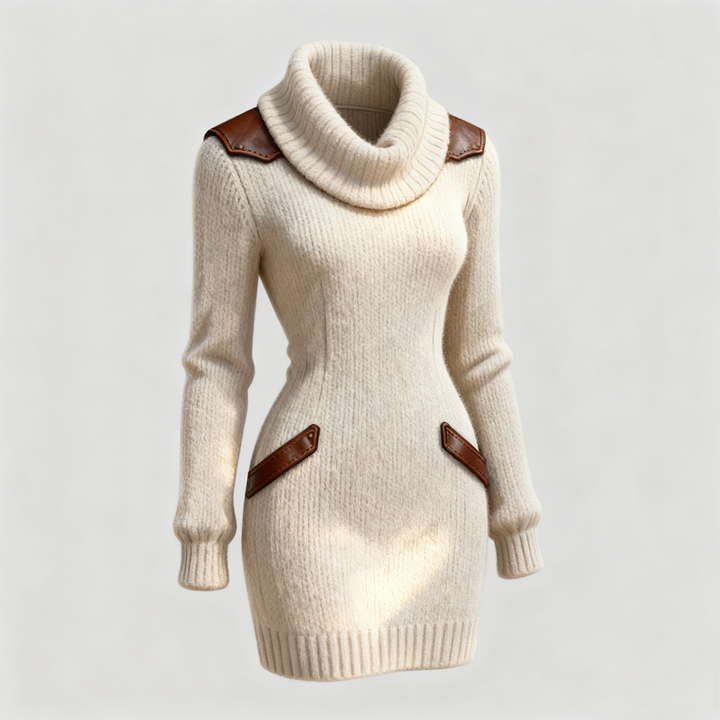 Short Knit Dress with Turtleneck and Leather Inserts