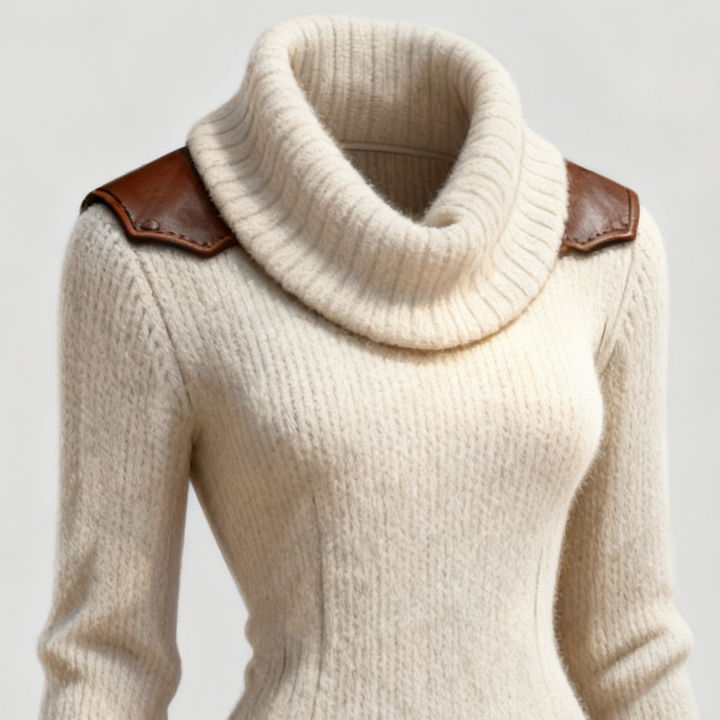 Short Knit Dress with Turtleneck and Leather Inserts