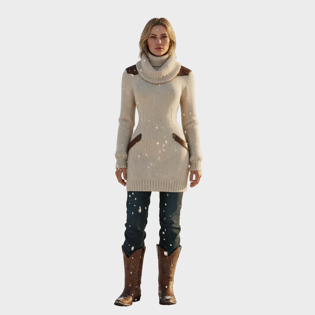 Short Knit Dress with Turtleneck and Leather Inserts
