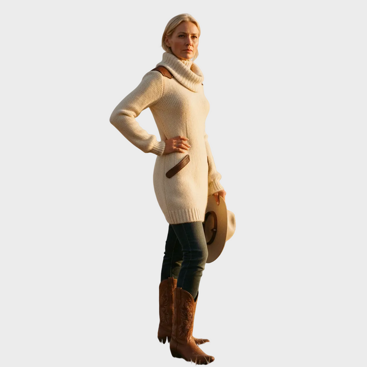 Short Knit Dress with Turtleneck and Leather Inserts