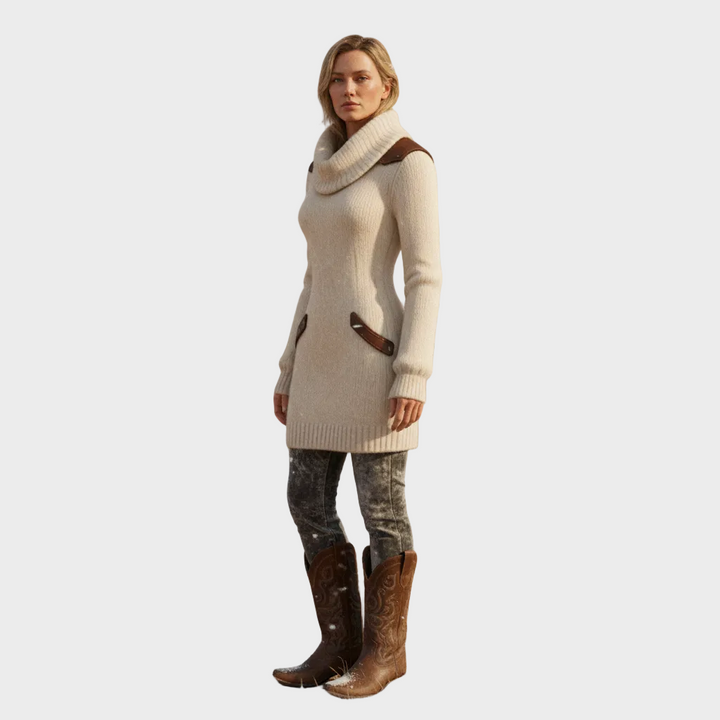 Short Knit Dress with Turtleneck and Leather Inserts