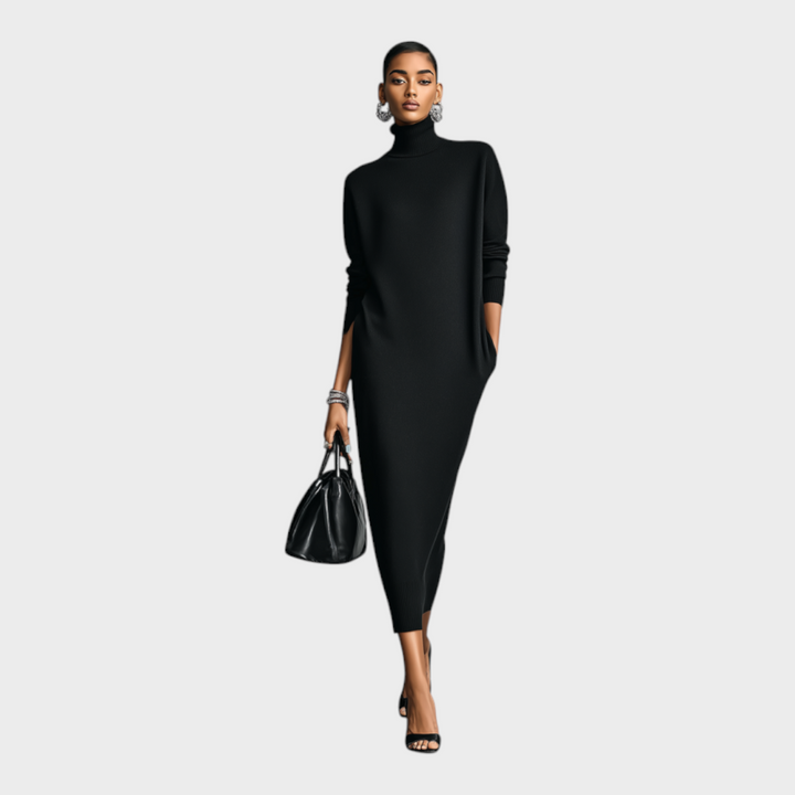 Long Knit Dress with Turtleneck and Long Sleeves in Loose Fit