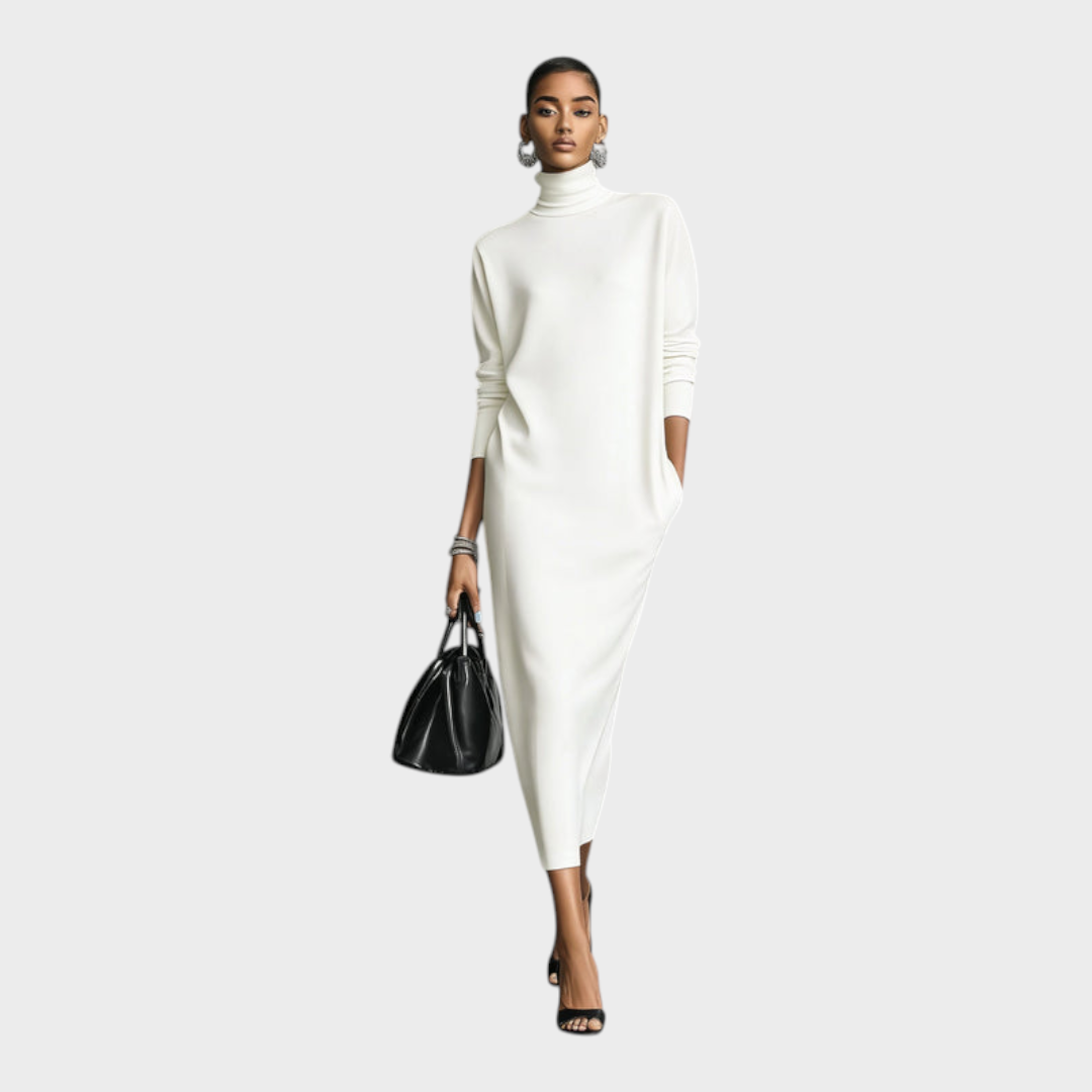 Long Knit Dress with Turtleneck and Long Sleeves in Loose Fit