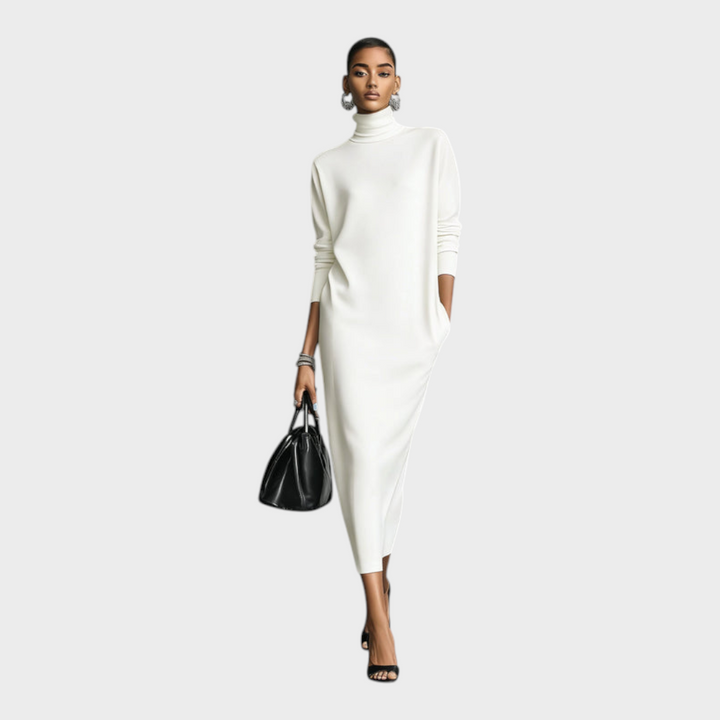 Long Knit Dress with Turtleneck and Long Sleeves in Loose Fit