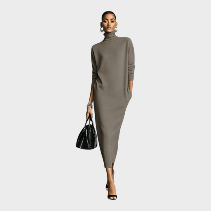 Long Knit Dress with Turtleneck and Long Sleeves in Loose Fit