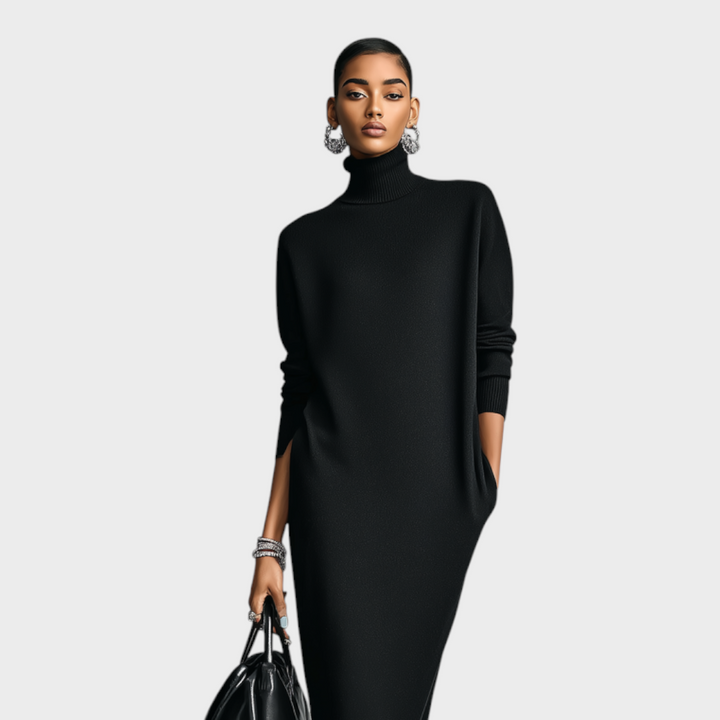 Long Knit Dress with Turtleneck and Long Sleeves in Loose Fit