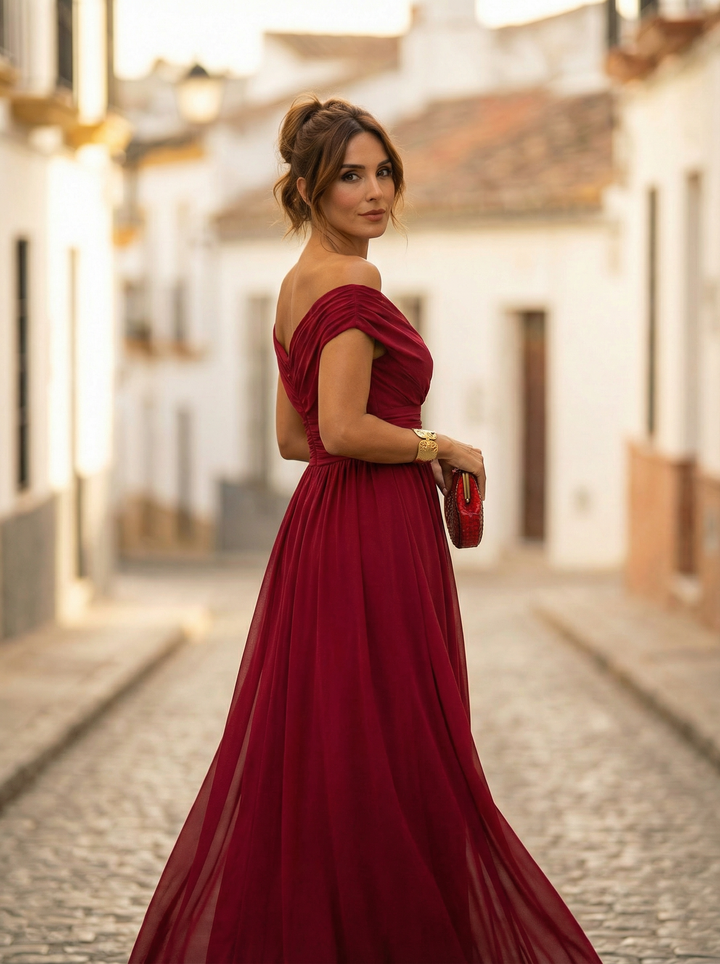 Leo | Elegant V-neck long gathered dress for women | Wedding