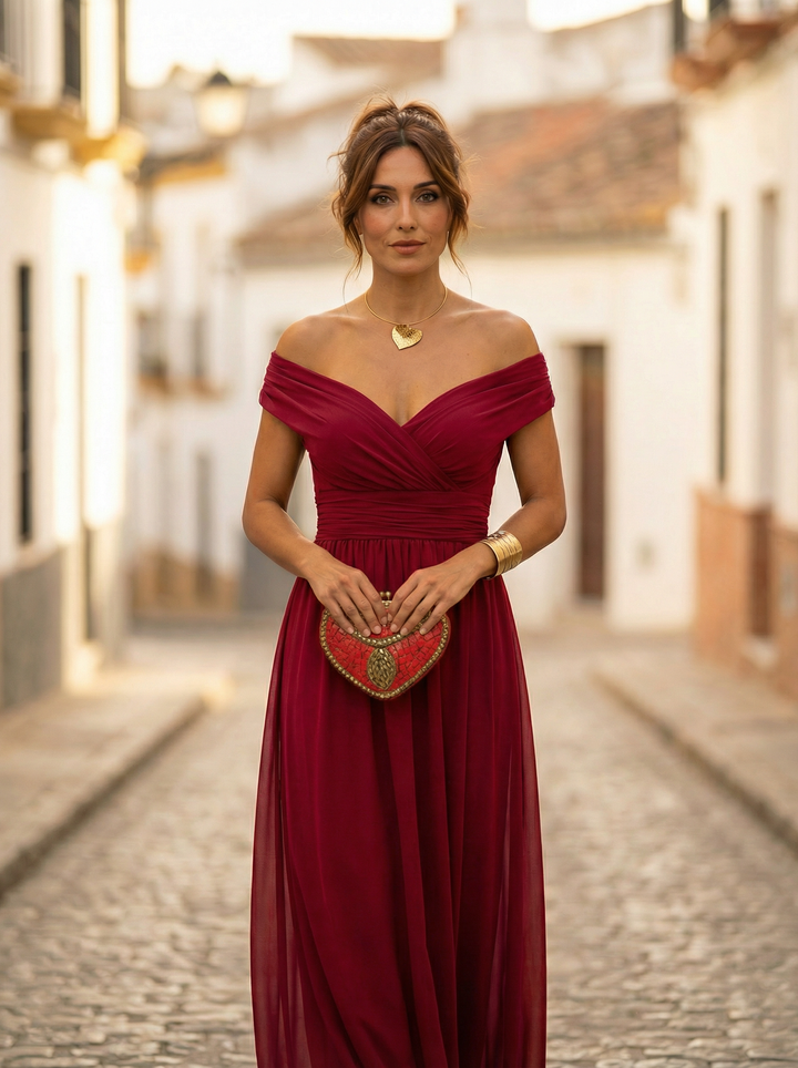 Leo | Elegant V-neck long gathered dress for women | Wedding