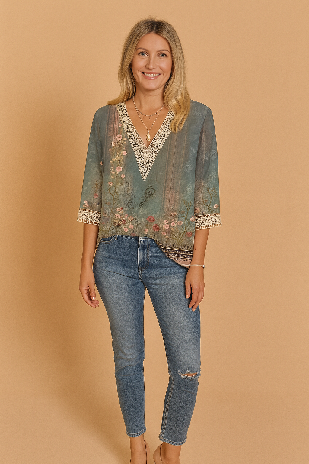 Women's Romantic Lace Trim Blouse with Subtle Pattern