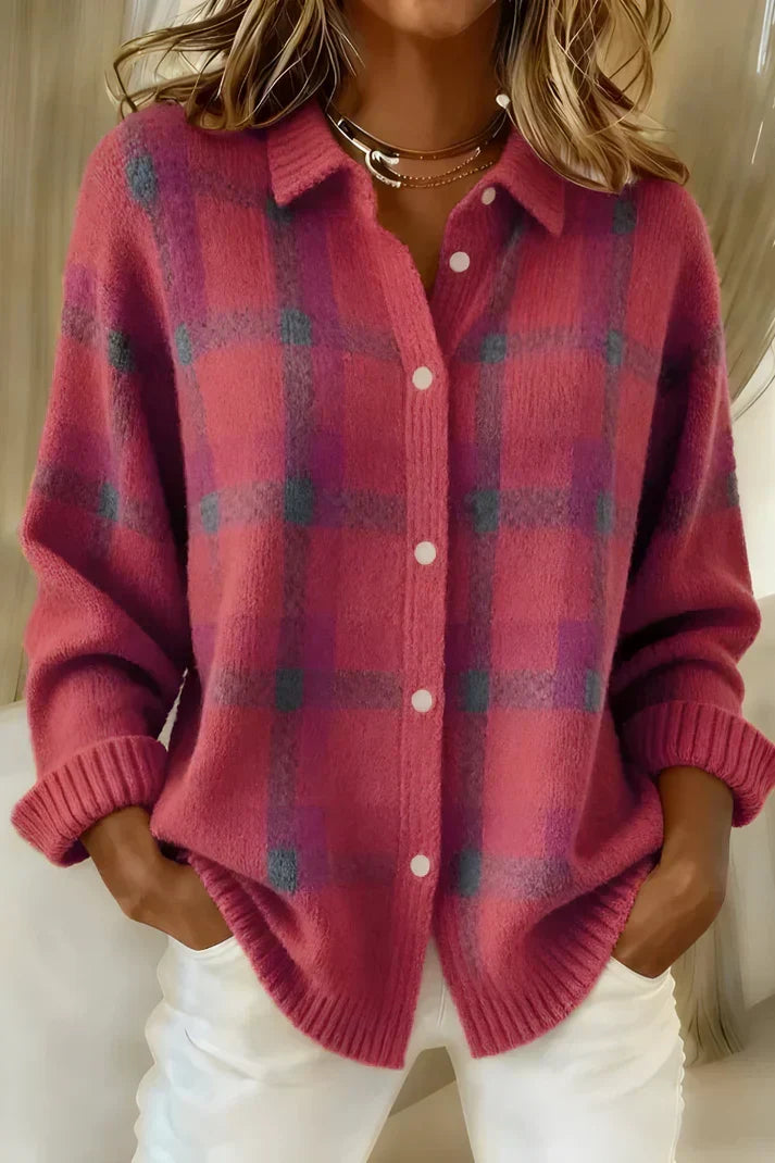 Women's Elegant Checkered Cardigan – Cozy & Versatile Style