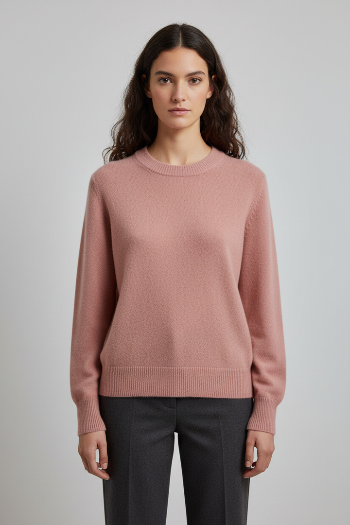 Ladies Fine Knitted Sweater with Round Neck and Ribbed Cuffs
