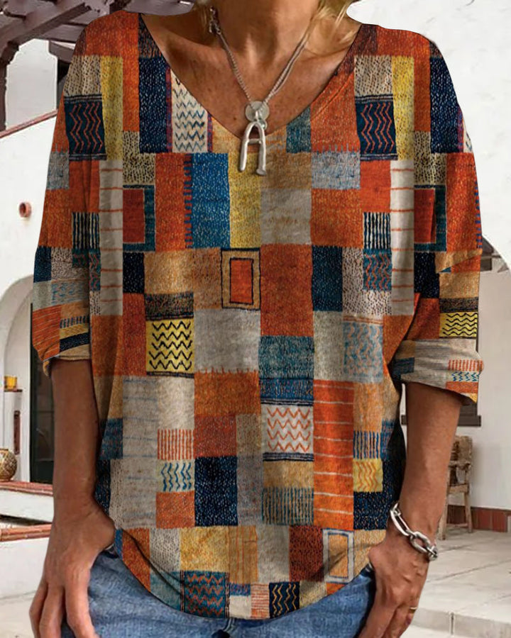 Rosilda Women's Patchwork V-Neck Blouse - Elena Harper