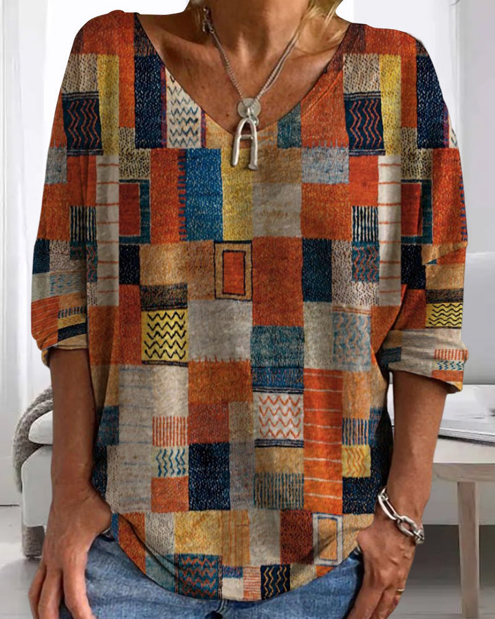 Rosilda Women's Patchwork V-Neck Blouse, view 2 - Elena Harper