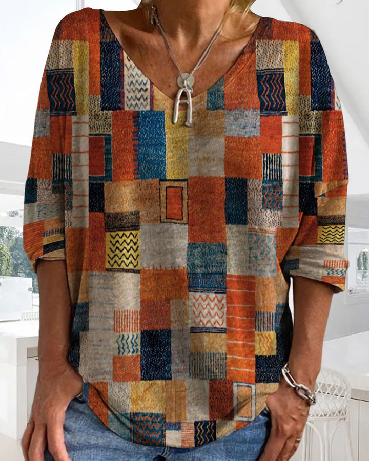 Rosilda Women's Patchwork V-Neck Blouse, view 3 - Elena Harper