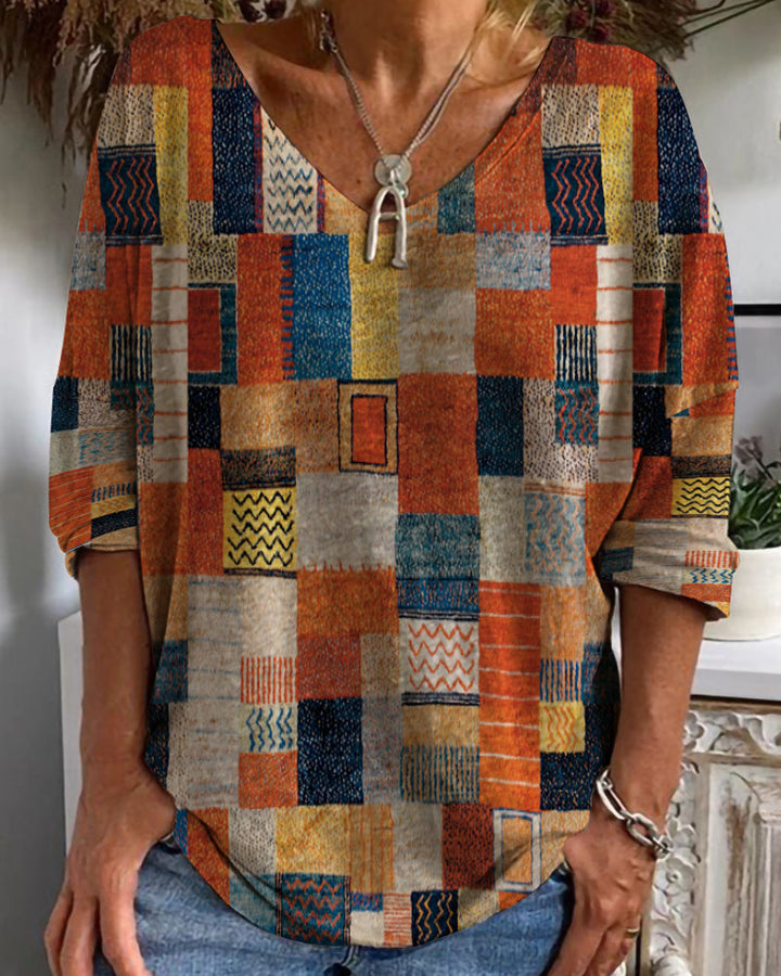 Rosilda Women's Patchwork V-Neck Blouse, view 4 - Elena Harper