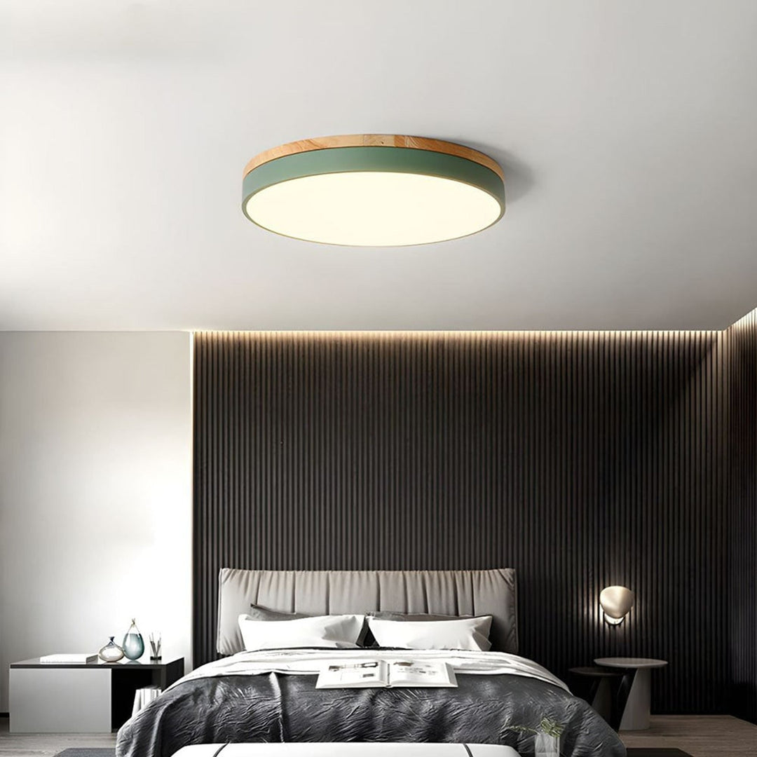 Round Flush Ceiling Light With Solid Wood Rim