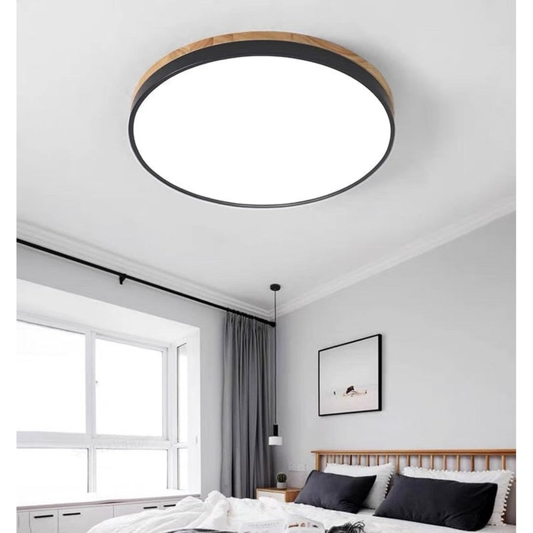 Round Flush Ceiling Light With Solid Wood Rim