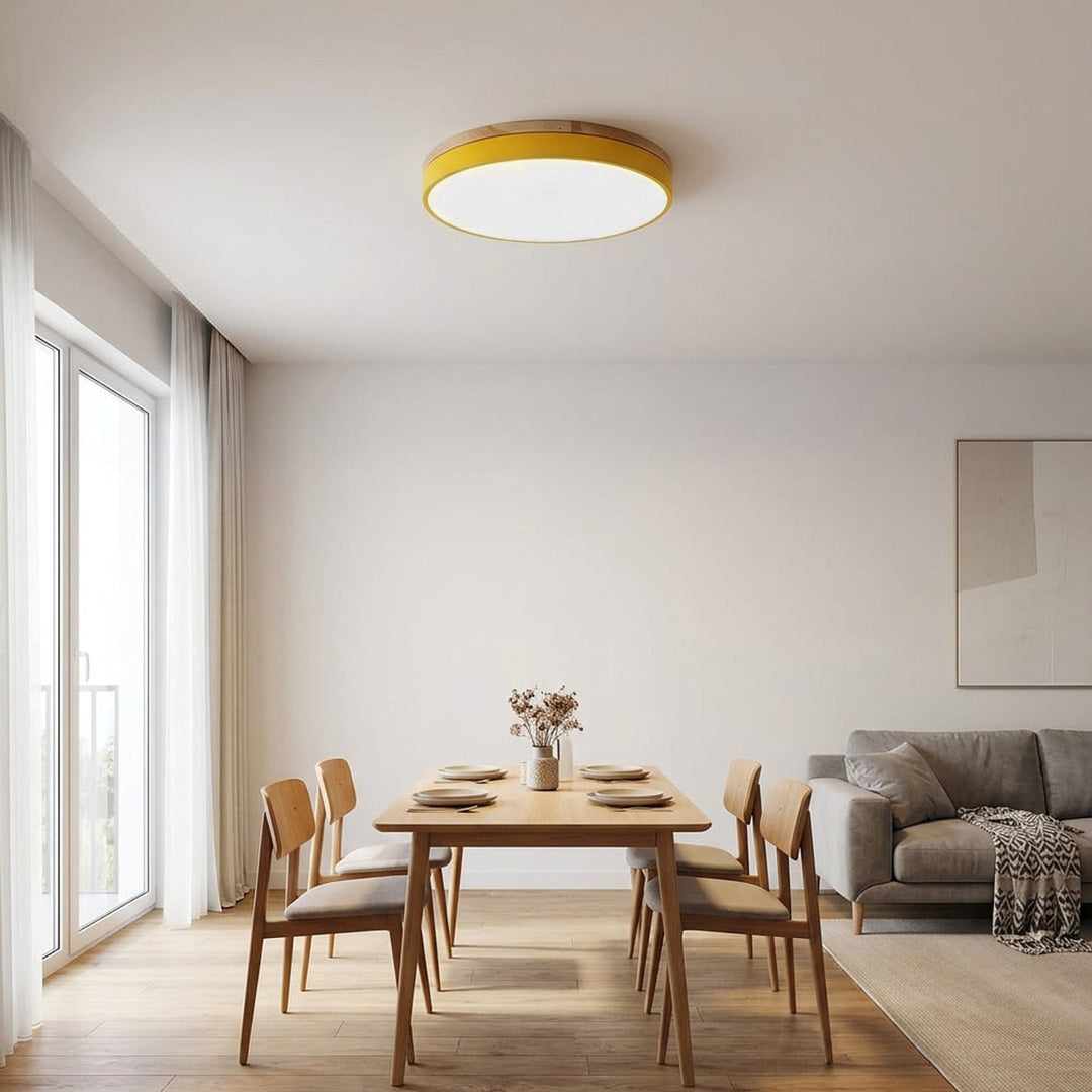 Round Flush Ceiling Light With Solid Wood Rim