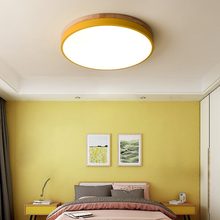 Round Flush Ceiling Light With Solid Wood Rim