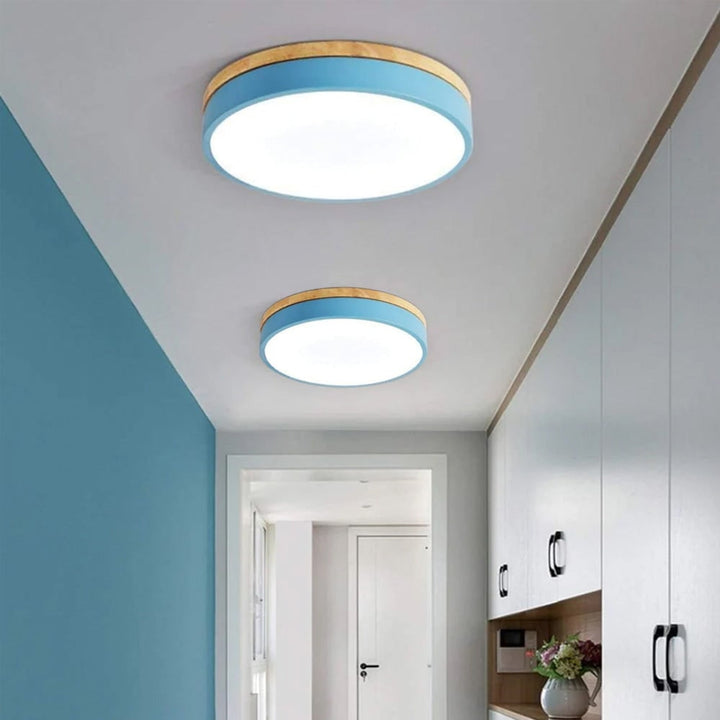 Round Flush Ceiling Light With Solid Wood Rim