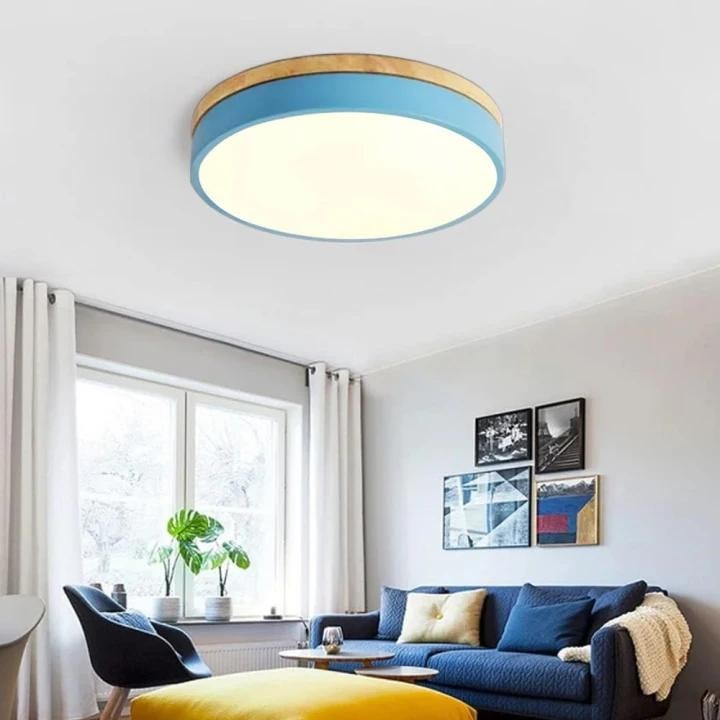 Round Flush Ceiling Light With Solid Wood Rim