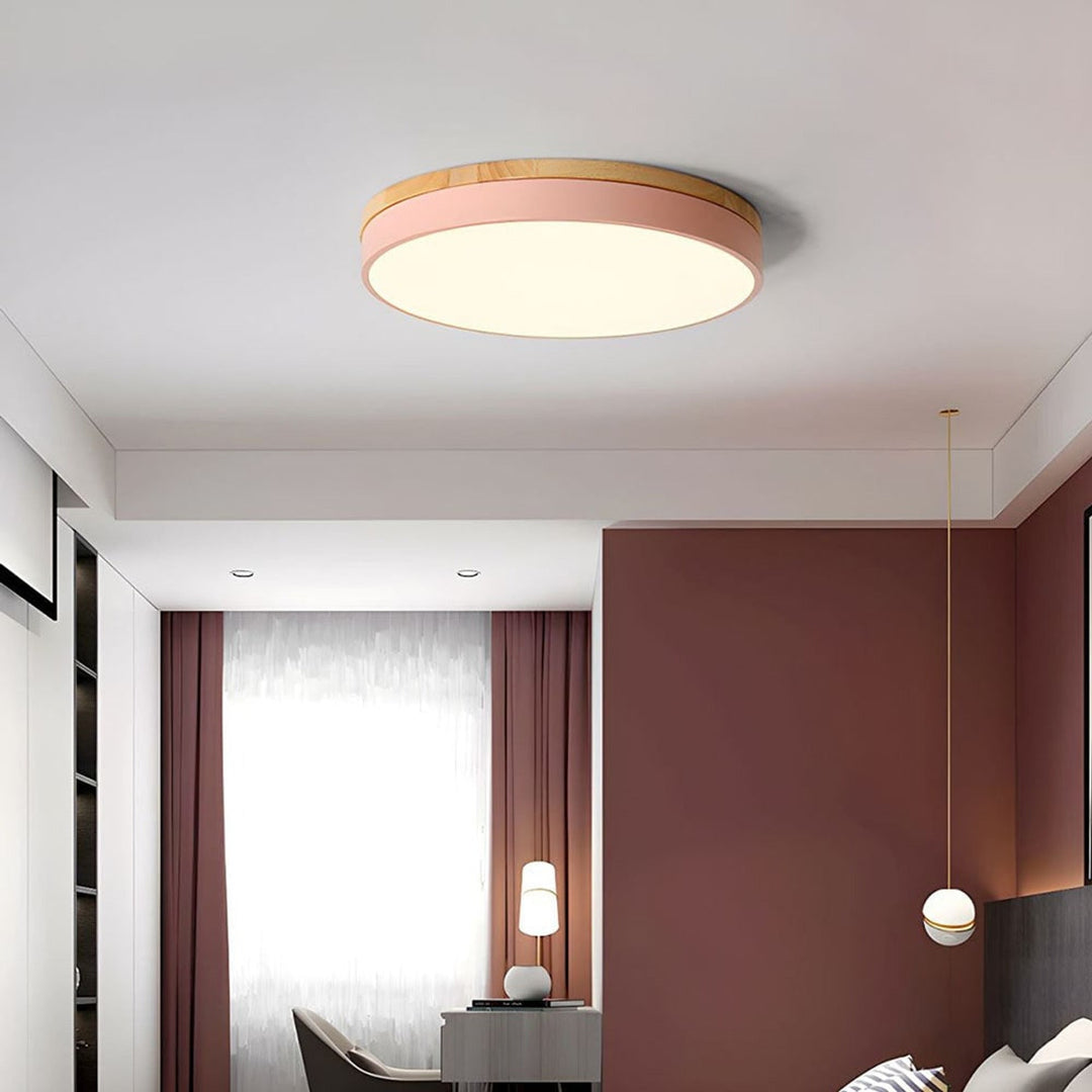 Round Flush Ceiling Light With Solid Wood Rim
