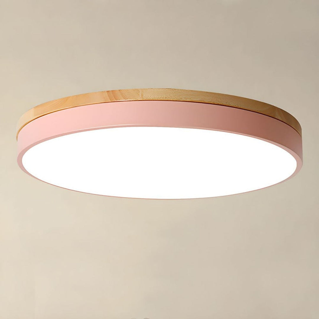 Round Flush Ceiling Light With Solid Wood Rim