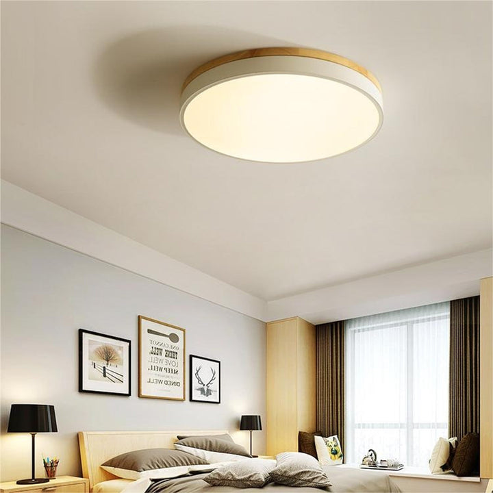 Round Flush Ceiling Light With Solid Wood Rim