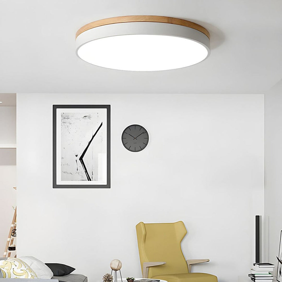 Round Flush Ceiling Light With Solid Wood Rim