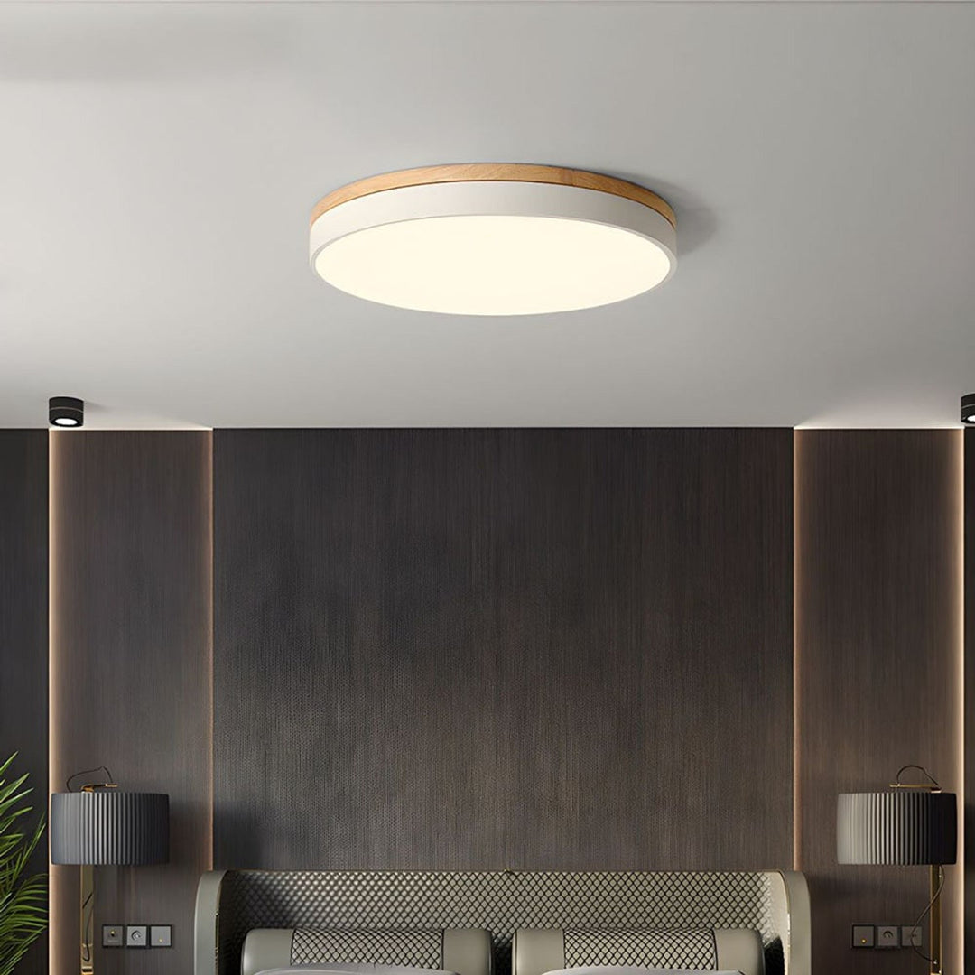 Round Flush Ceiling Light With Solid Wood Rim