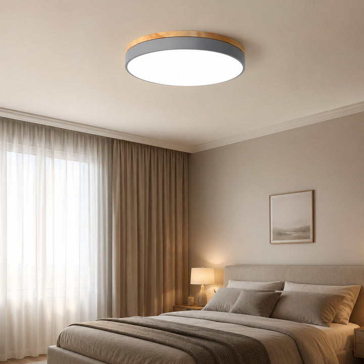 Round Flush Ceiling Light With Solid Wood Rim