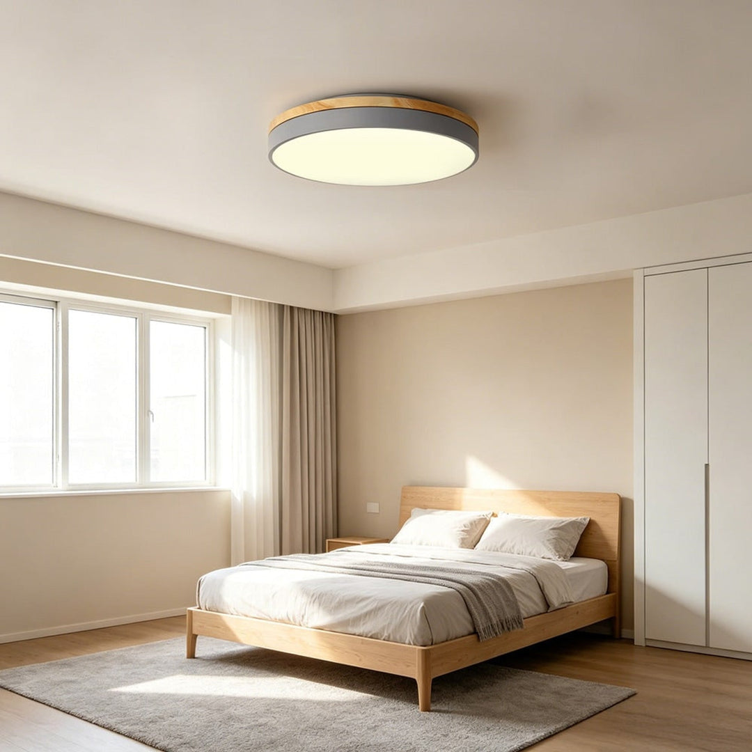 Round Flush Ceiling Light With Solid Wood Rim