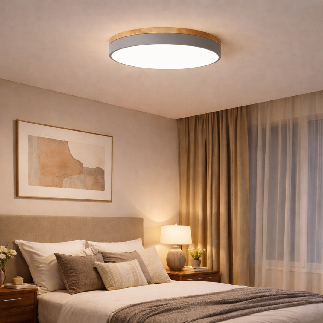 Round Flush Ceiling Light With Solid Wood Rim