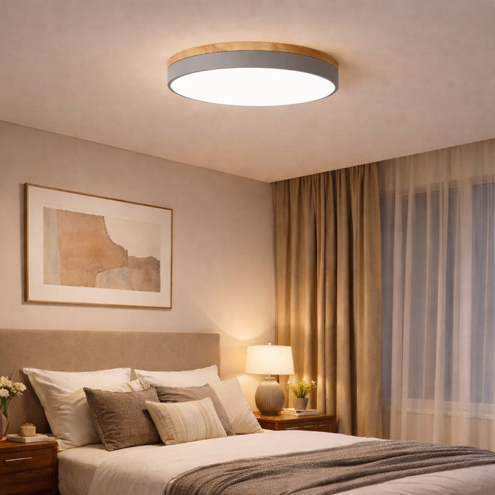 Round Flush Ceiling Light With Solid Wood Rim