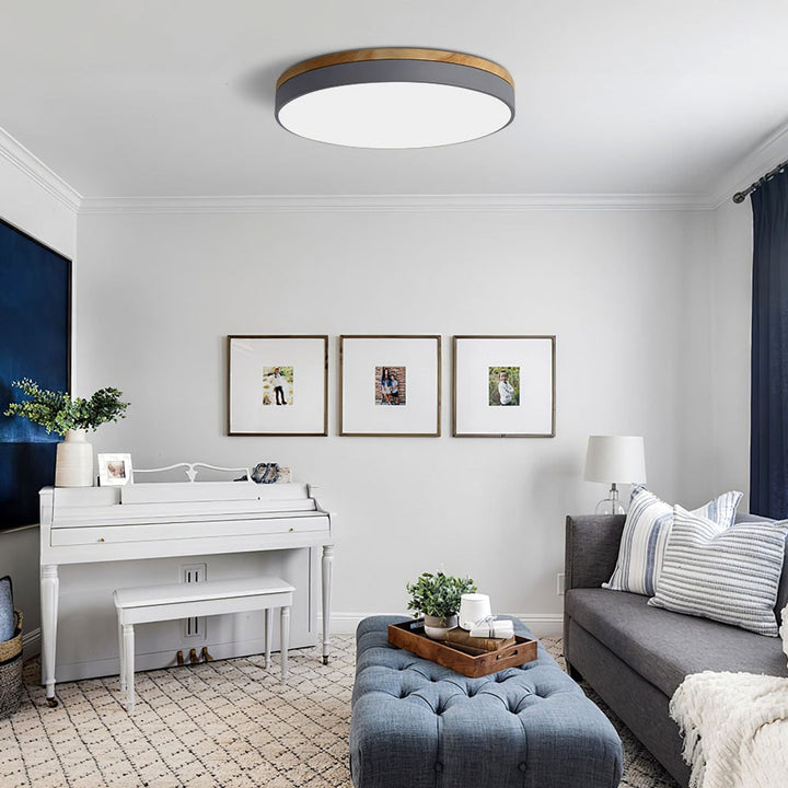 Round Flush Ceiling Light With Solid Wood Rim
