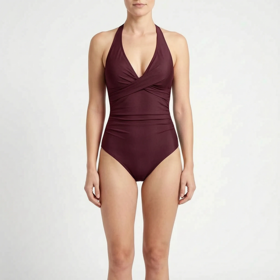 Ruched Halter Neck One-Piece Swimsuit, view 3 - Elena Harper