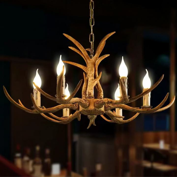 Rustic Antler Chandelier With Wood-Effect Finish