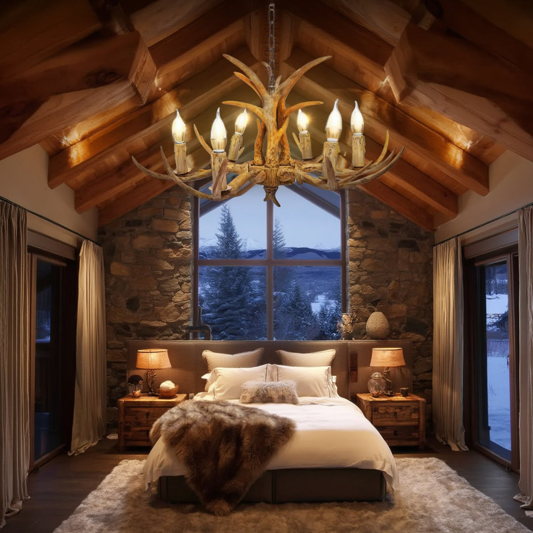 Rustic Antler Chandelier With Wood-Effect Finish