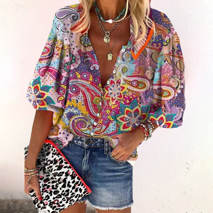 Maria | Women's Bohemian Blouse with Floral Print and Loose Short Sleeves
