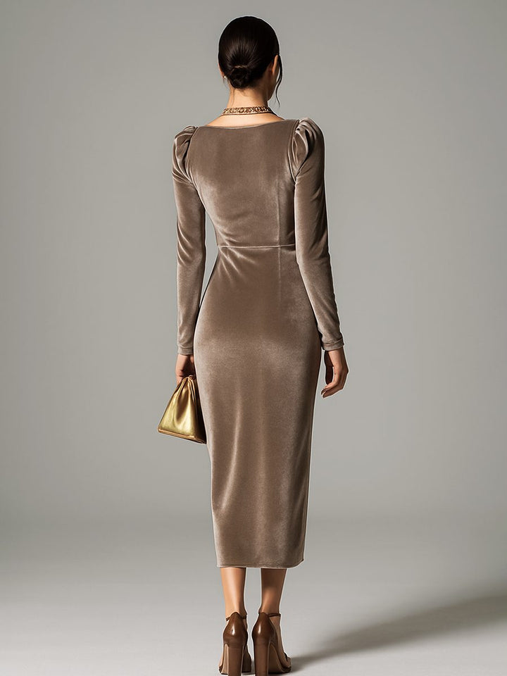Velvet Dress with Waterfall Neckline and Long Sleeves for Women