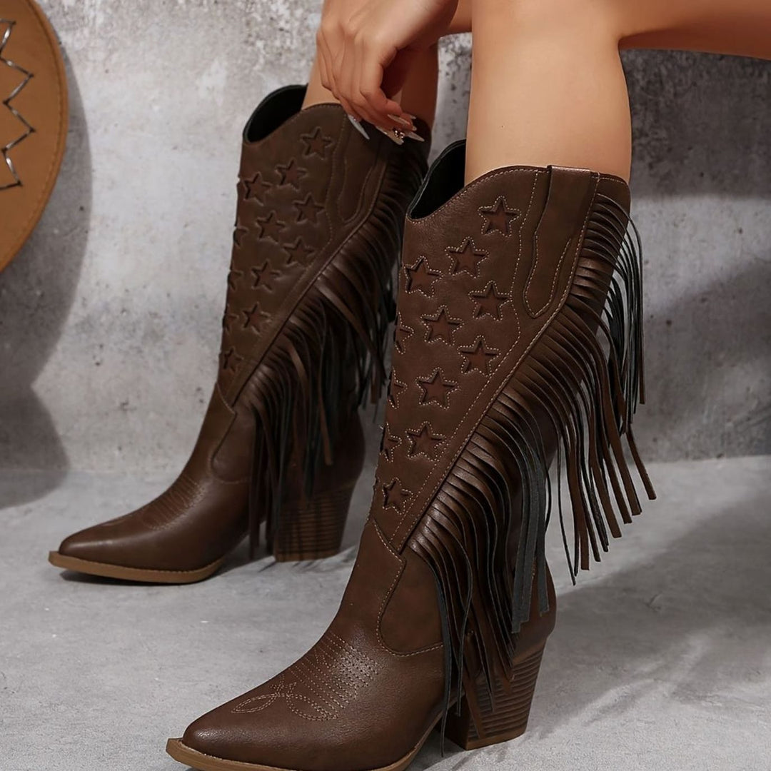 Fringed Western Boots with Embroidered Stars and Pointed Toe