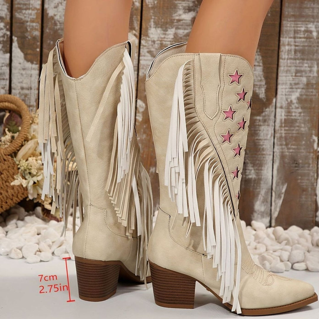 Fringed Western Boots with Embroidered Stars and Pointed Toe