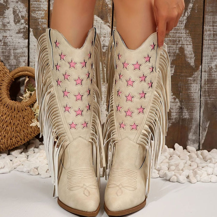 Fringed Western Boots with Embroidered Stars and Pointed Toe