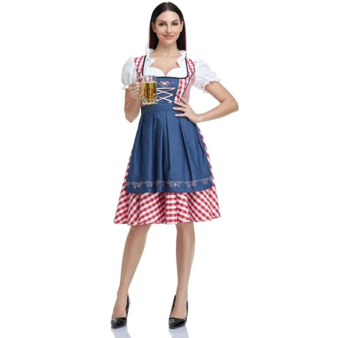Women's checked dress with lace-up bodice and apron, Oktoberfest midi, view 7 - Elena Harper