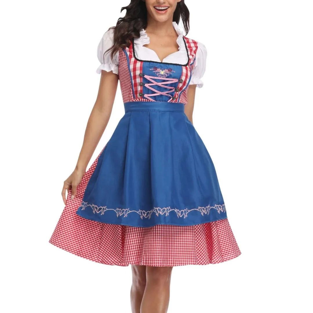 Women's checked dress with lace-up bodice and apron, Oktoberfest midi, view 3 - Elena Harper