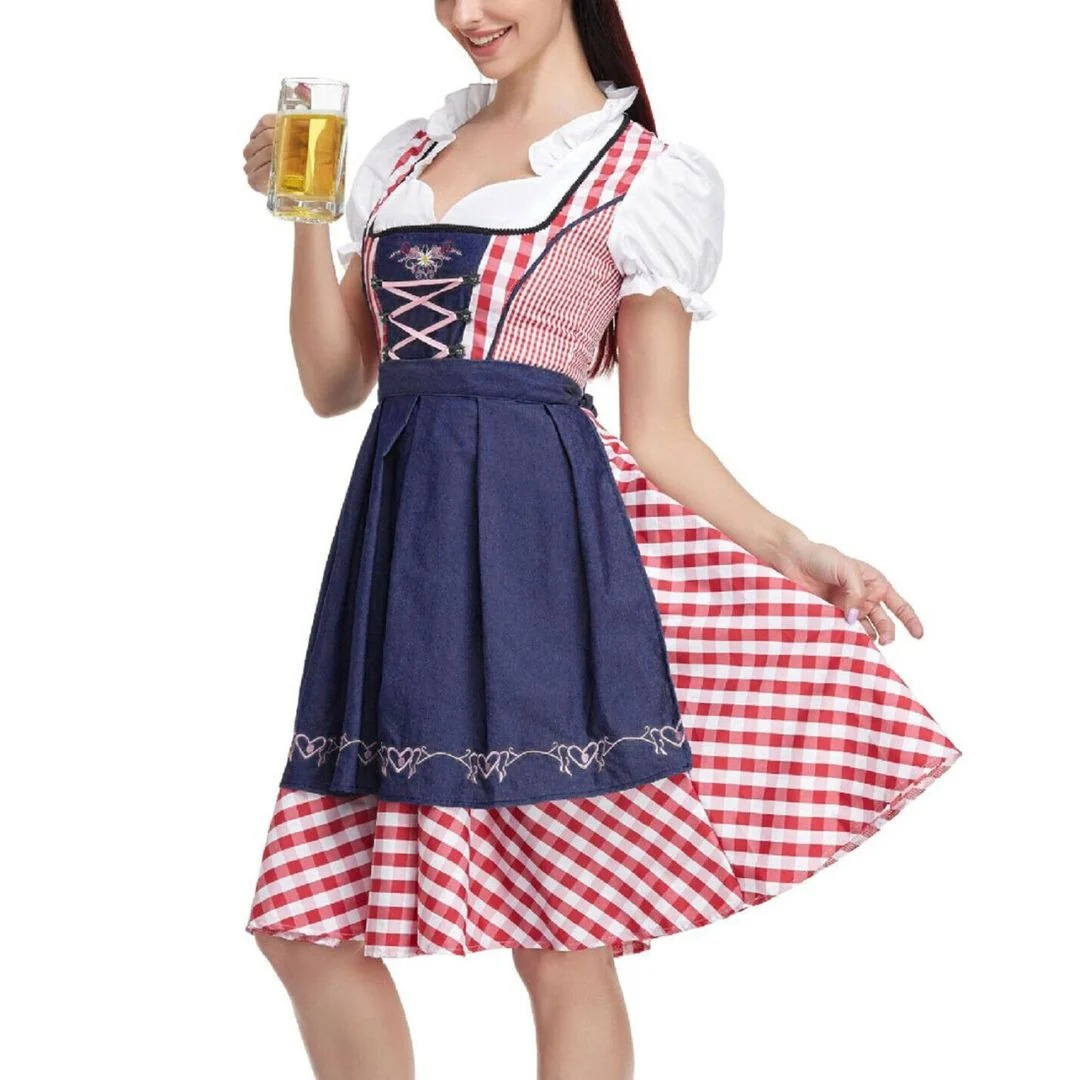 Women's checked dress with lace-up bodice and apron, Oktoberfest midi, view 2 - Elena Harper